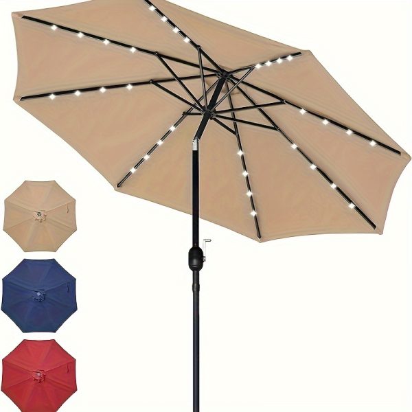 9ft Deluxe Solar Patio Umbrella with LED Lights, Push Button Tilt, Dark Blue/Tan/Red