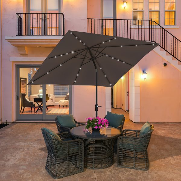 Outsunny 9' X 7' Solar Umbrella, LED Lighted Patio Umbrella For Table Or Base With Tilt & Crank, Outdoor Umbrella For Garden, Deck, Backyard, Pool, Beach, Tan