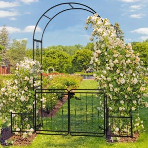 Black Metal Arch with Gate and Planter Boxes, 7.2ft Garden Arbor for Climbing Plants, Roses & Vines, Outdoor Garden Trellis, Rustproof Iron Pergola for Wedding, Yard, and Garden Decor - 78