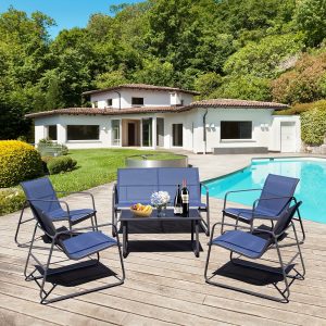 4 Pieces Outdoor Patio Conversation Sets Poolside Lawn Chairs With Glass Coffee Table Porch Patio Furniture Set For Courtyard, Garden And Balcony