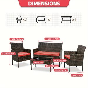 4 Pieces Patio Furniture Set Wicker Sofa Rattan Outside Furniture Garden Conversation Sets with Soft Cushion and Glass Table for Yard Pool or Backyard