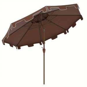 Outsunny 9' Patio Umbrella With Push Button Tilt And Crank, Double Top Ruffled Outdoor Market Table Umbrella With 8 Ribs, For Garden, Deck, Pool, Brown