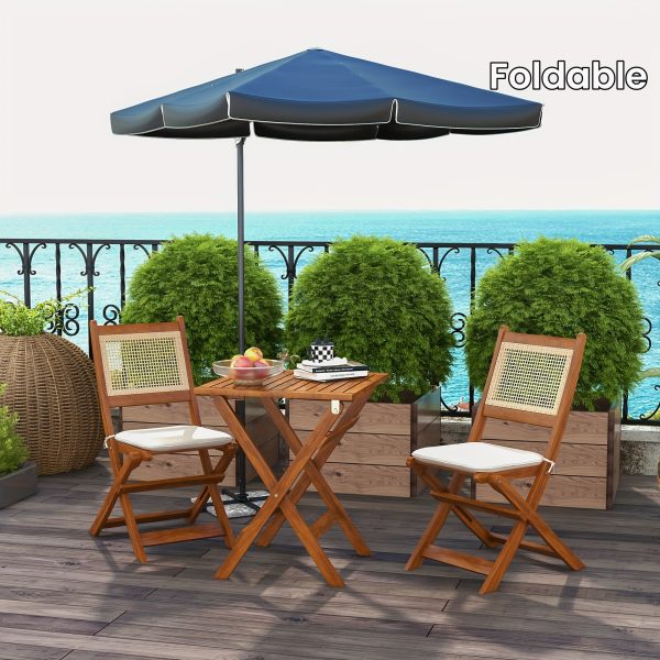 Outsunny 3 Pieces Patio Bistro Set Foldable Wooden PE Rattan Conversation Furniture Outdoor With Cushions, For Porch, Backyard, Garden, Light Teak