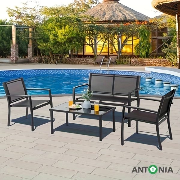 Sleek Black Steel Patio Set: Comfortable Sofa & Chairs with Coffee Table