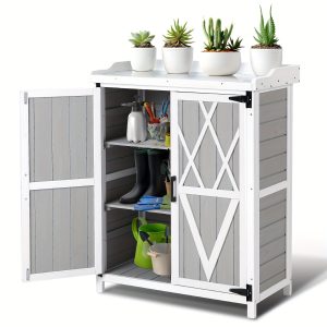 Potting Bench Outdoor Cabinet With Metal Tabletop, Wooden Storage Cabinets Weatherproof For Outside, Planting Work Benches With Adjustable Shelf, Doors For Garden Patio Lawn, Stable Structure, Large Storage Capacity, Easy Assembly