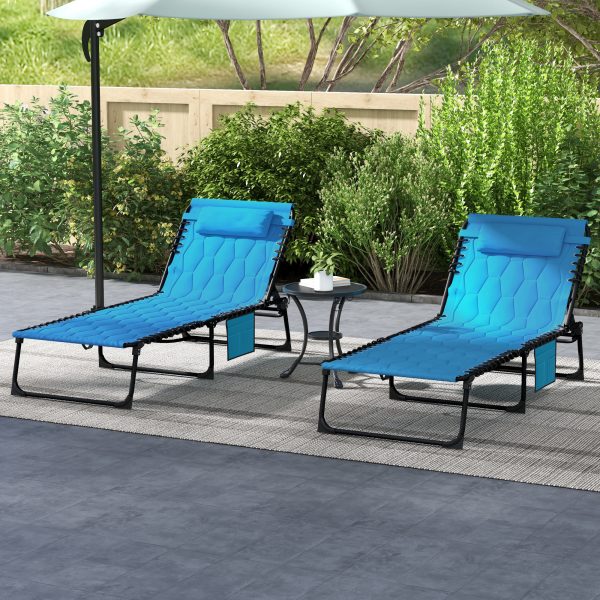 Outsunny Folding Chaise Lounge Set of 2 with 5-level Reclining Back, Outdoor Lounge Tanning Chair with Padded Seat, Side Pocket & Headrest for Beach, Yard, Patio, Sky Blue