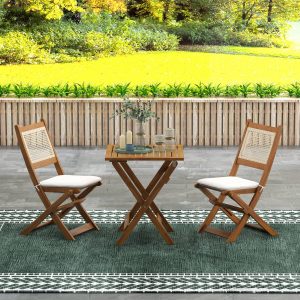 Outsunny 3 Pieces Patio Bistro Set Foldable Wooden PE Rattan Conversation Furniture Outdoor with Cushions, for Porch, Backyard, Garden, Light Teak