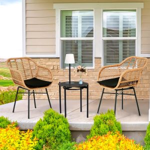 3 Pieces Of Luxury Outdoor Wicker Furniture - Patio Bistro Style Table And Chair Combination, Weather-resistant PE Wicker Weave, Stainless Steel Fame, Suitable For Garden, Terrace, Backyard Casua