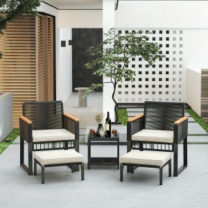 5 pcs 5-Piece Wicker Patio Conversation Set with Table and Ottoman, Outdoor Bistro Set for Porch, Balcony, Backyard, Pool Deck